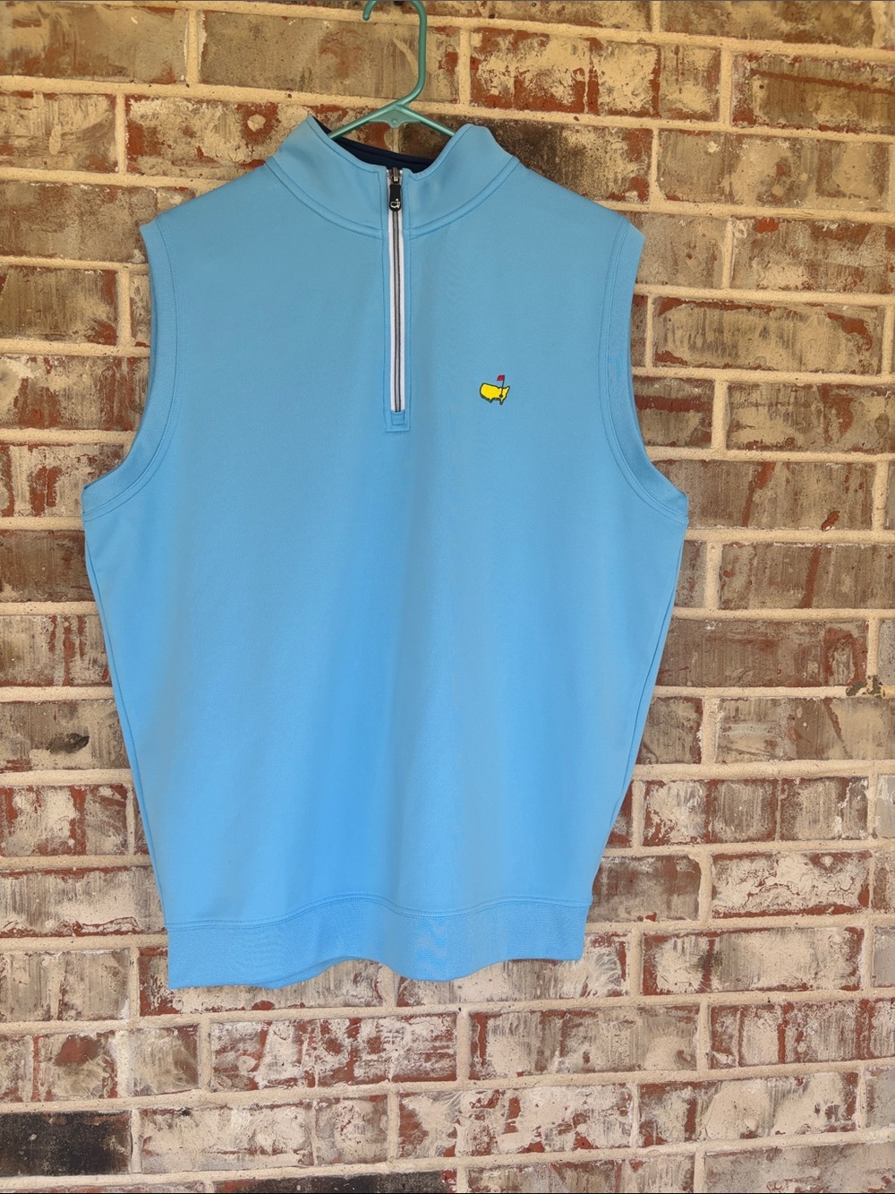 Masters Tech Light Blue Knit Quarter Zip Golf Vest with Yellow Logo